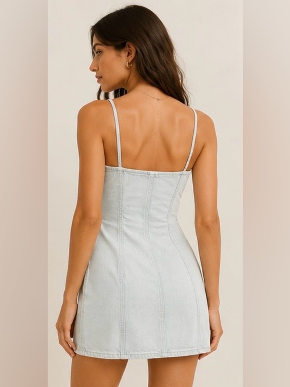 ZARA Light Wash Denim Mini Dress Womens M Spaghetti Strap Zip Side NWT - Picture 2 of 5